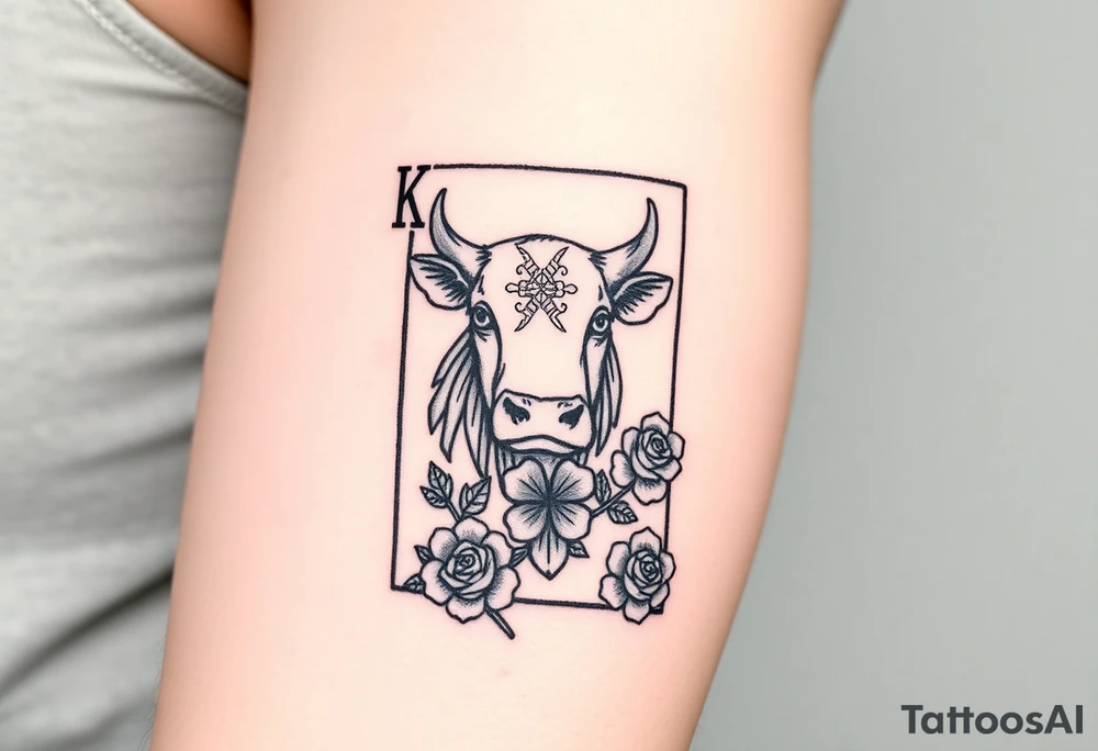A king play card with a small highland cow face on it and a small 4 leaf clover surrounded by roses tattoo idea