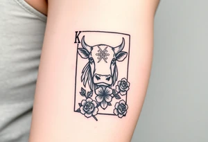A king play card with a small highland cow face on it and a small 4 leaf clover surrounded by roses tattoo idea