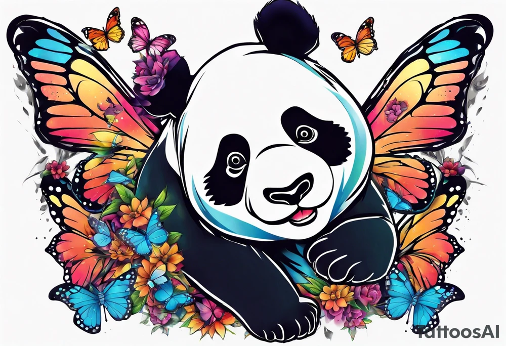 fun panda with colors chasing butterfly tattoo idea