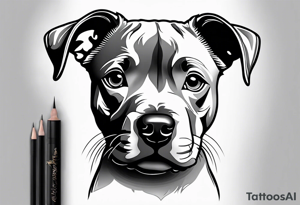 "A small, highly detailed tattoo design of an adorable Pitbull puppy, focusing on its expressive eyes and gentle facial features. The tattoo should capture the puppy's soft fur, with a slight smile and floppy ears, giving it a cute and friendly appearance. The design should be minimalistic and fine-lined, with realistic shading to emphasize the microrealistic style." tattoo idea