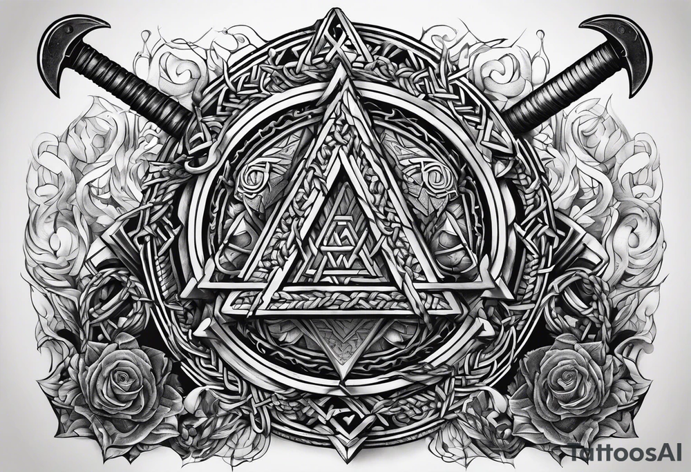 Valhalla sword shield  axe Valknut barbed wire chains tattoo idea
