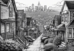 powerful bible verse, neighborhood in queens in background, half sleeve, tattoo idea