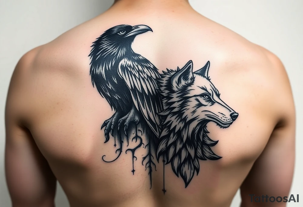 powerful meaningful with a raven and wolf tattoo idea