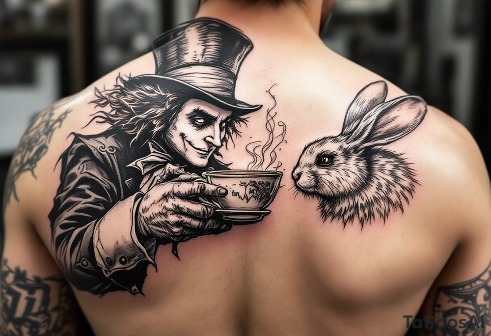 The mad hatter pouring a cup of 
tea into the white rabbits head tattoo idea