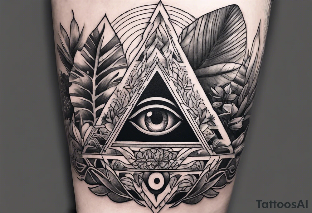 sleeve tattoo with all-seeing eye and jungle plants tattoo idea