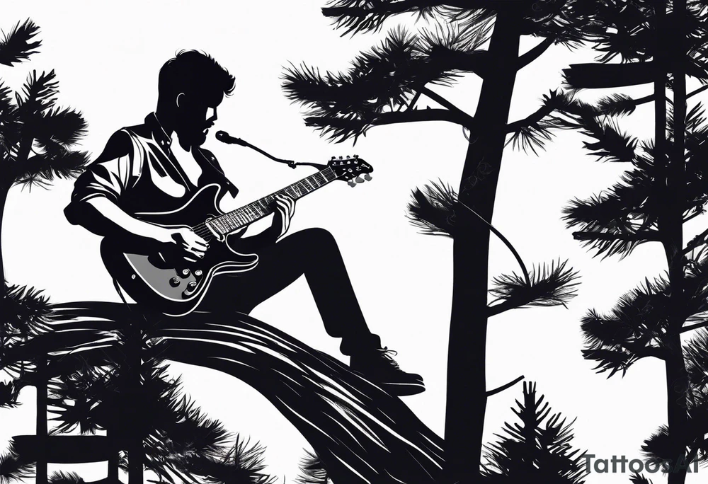 silhouette of a man playing electric guitar while sitting in a pine tree. super simple sketch tattoo idea