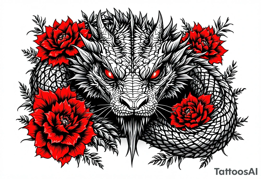 powerful majestic reptile with red eyes, surrounded by red floral ornaments tattoo idea