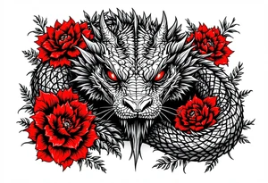 powerful majestic reptile with red eyes, surrounded by red floral ornaments tattoo idea