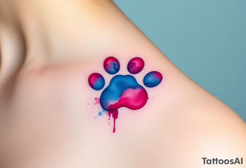 A watercolor-style paw print blending vibrant hues of pink, blue, and purple, creating the shape of a heart tattoo idea
