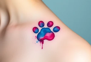 A watercolor-style paw print blending vibrant hues of pink, blue, and purple, creating the shape of a heart tattoo idea