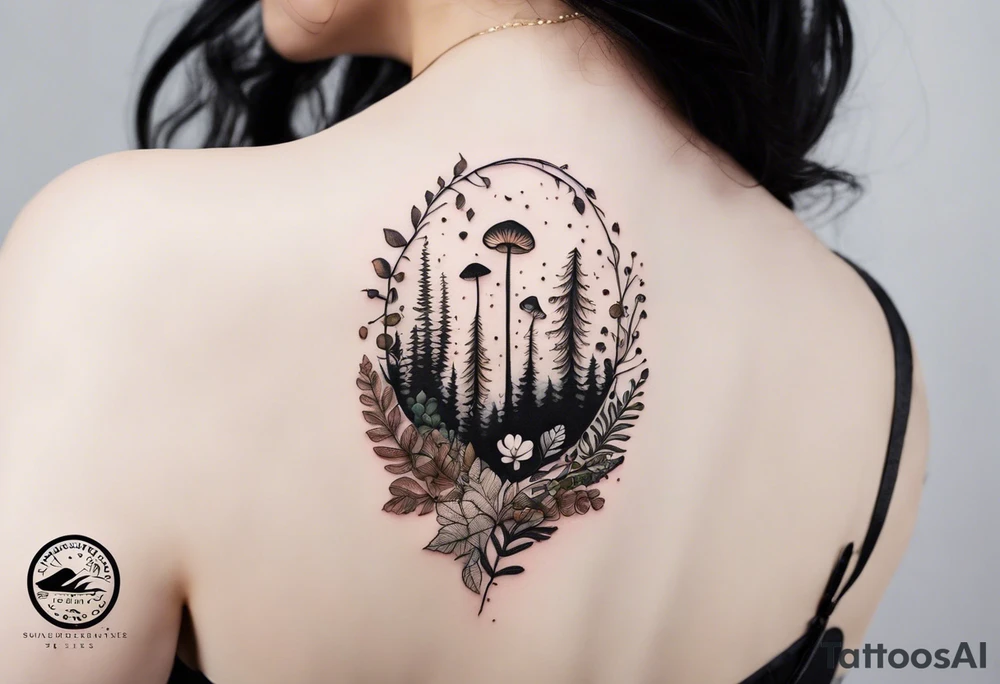 forest floor inspired minimalist tattoo, which includes grass, curly ferns, moss and dead leaves as the bulk of the tattoo. details to include: three very tiny strawberries, a tiny bumblebee flying nearby, three small brown mushrooms
Generate a vertically long one tattoo idea