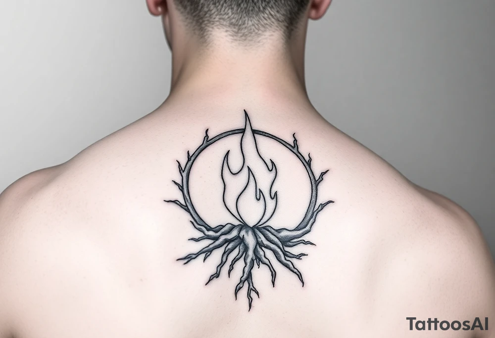 a flame imprisoned in roots circle on the shoulder tattoo idea