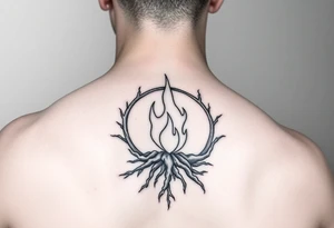 a flame imprisoned in roots circle on the shoulder tattoo idea