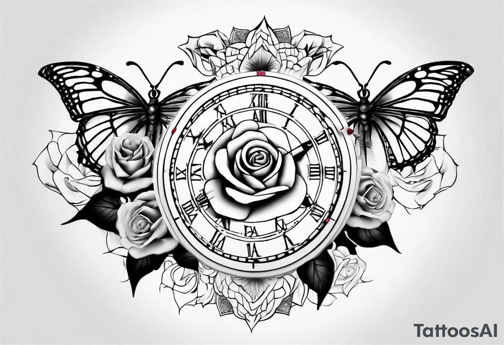 Baby name clock mandala rose butterfly tattoo idea