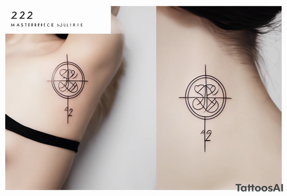 Minimalist tattoo with ultra-thin lines, where the number 22 is the main element, representing luck and eternal love with my girlfriend. The design should be subtle and elegant, with an abstract or geometric detail symbolizing our bond and special connection. Ideally in black and white, with a modern and timeless style, perfect for the forearm, chest, or behind the ear tattoo idea