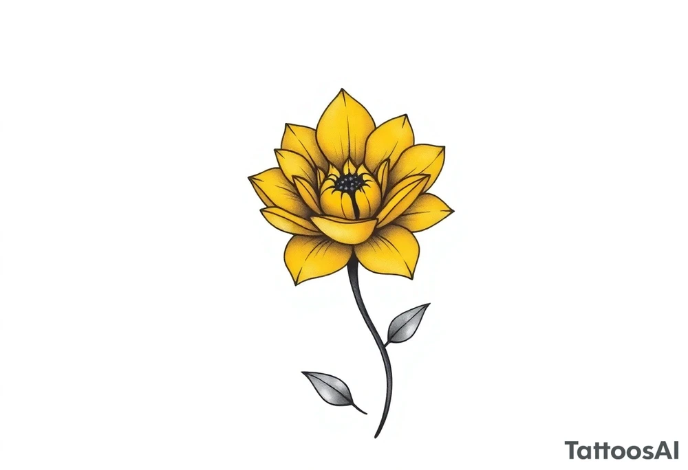 A minimalist flower tattoo that represents a shattered and betrayed gemini woman who fought hard throughout this year. With colors yellow and black. Make it unique and rare. Without leaves and stem. tattoo idea