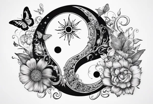 sun and moon with ying and yang symbol , coi fish & butterflies tattoo idea