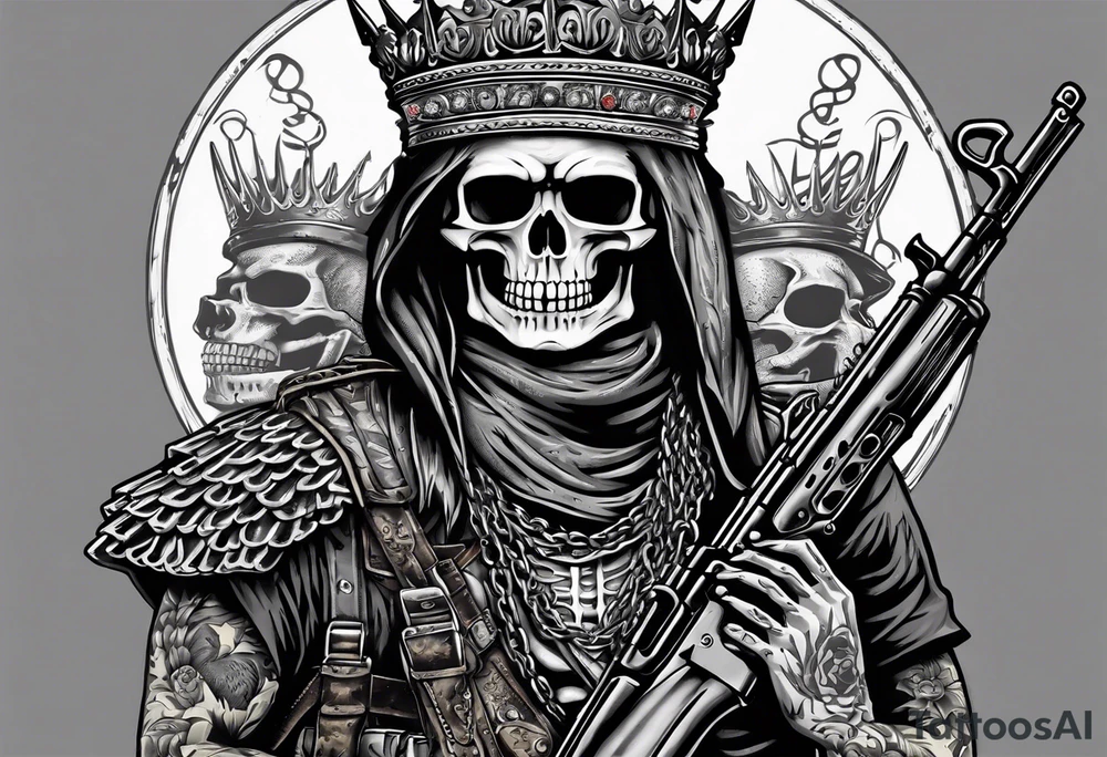 image of a skeleton standing frontally with a crown on his head, holding an AK-47 on his shoulder with his right hand. The chain on the left should be taut, there are three angry barking Dobermans in it, near the waist tattoo idea
