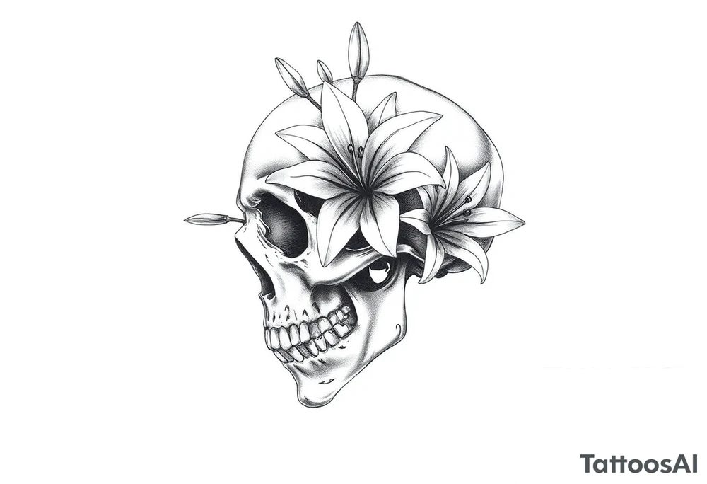 Lillies coming out of back of humanoid skull tattoo idea