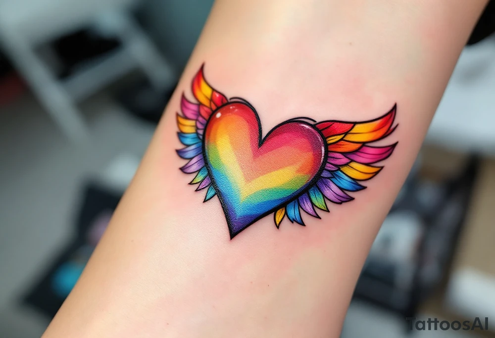 Rainbow Heart with Rainbow Wings – A multicolored heart with rainbow-colored wings extending outward, symbolizing unconditional, inclusive love. tattoo idea
