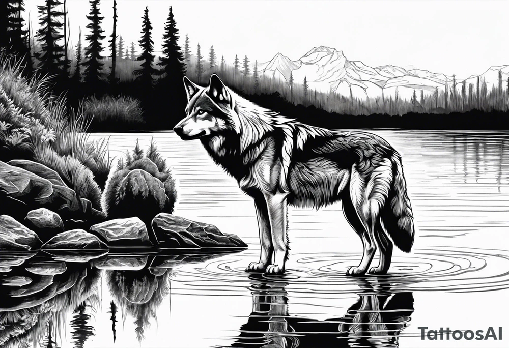 adult wolf standing alone at edge of water seeing a wolf pup as his reflection tattoo idea