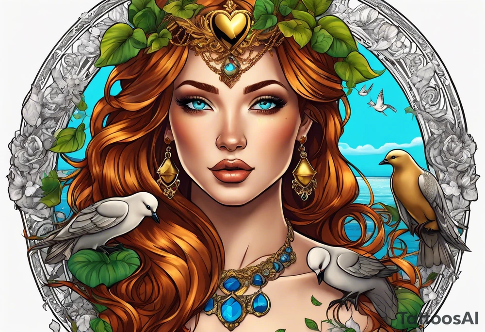 Black skin Aphrodite with auburn hair and ocean-blue eyes with a golden heart necklace surrounded with doves and poison ivy tattoo idea