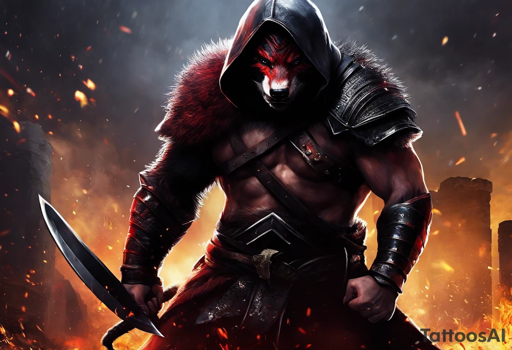 Draw me psychopath Fearless Honey Badger/Berserker with aggressive full body, killer face with a scary smile, very long nails and he attacks like a Bloody Assassin/Warrior/Gladiator to us and also, he has very deadly looking. He fights with his nails only. Everybody scares after their first sight. Give me horror type Badger Tattoo. I want to see his Realistic full body with no weapons. You can show destruction at the back. tattoo idea