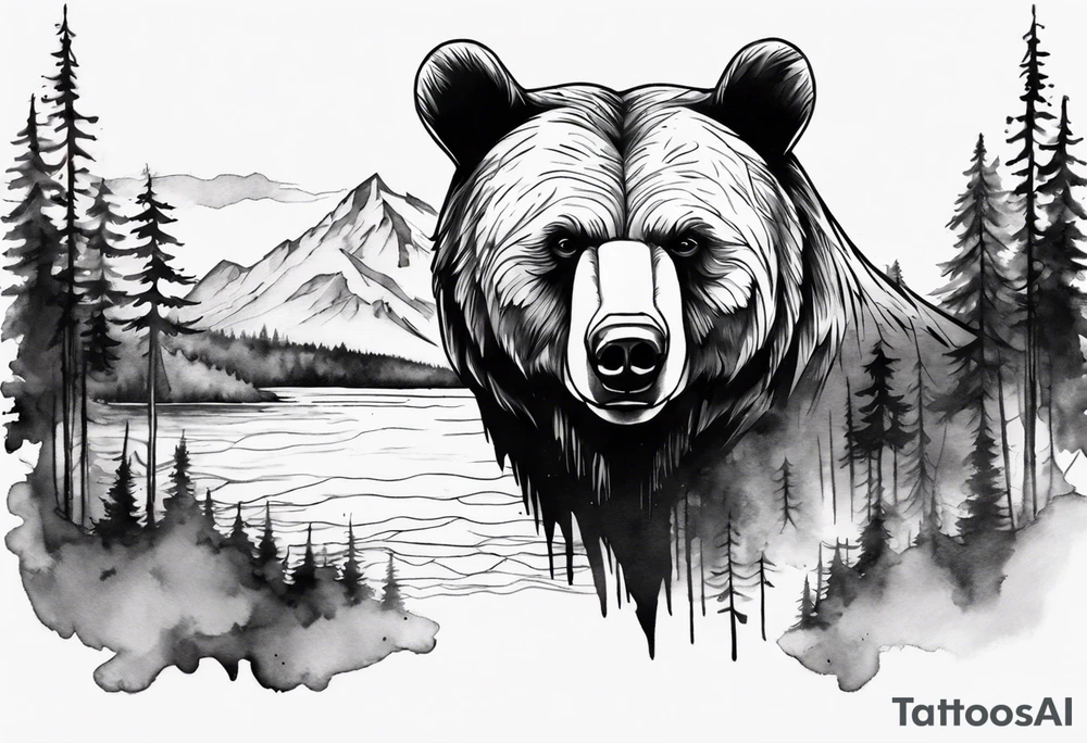 bear head right above the forest line with a lake below, full arm sleeve tattoo tattoo idea