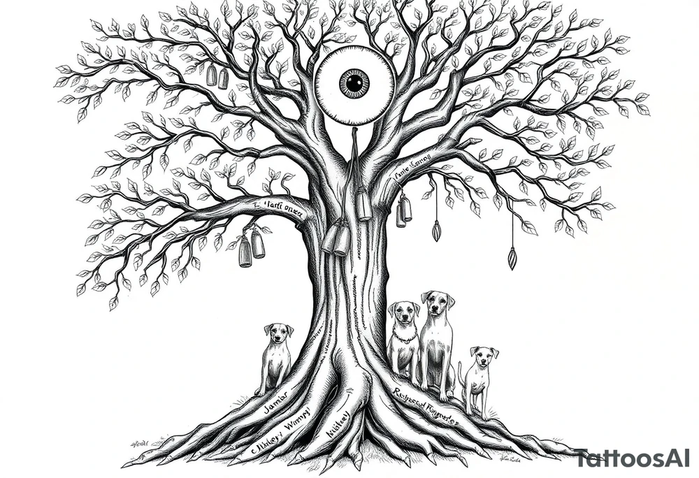 Hippy beech tree full of life. 
Jamie, Derek, Iris, John, bill, Winnie names in the roots, Mavis, Garhi, Mickey, Pam, Lucy, in the branches at the top. Names can be in Hebrew. 
Three dogs a Rhodesian Ridgeback, King Charles cavalier and chihuahua. 
Prett, feminine ornate. Boxing gloves hanging from tree maybe with an all seeing eye overseeing it all. Must be feminine and pretty tattoo idea