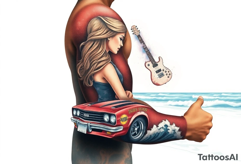 I want a sleeve that starts with a beach with dale Earnhardt car on the beach with a hot blonde 80’s girl with big hair on the hood. Then an ocean with big waves then a big dark sky with the Milky Way in it and Jimi Hendrix Stratocaster in the sky tattoo idea
