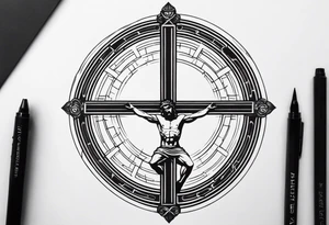 Crucified man inside a circle of Roman numerals tattoo idea