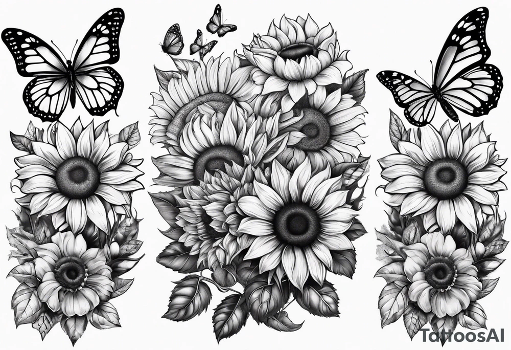 Arm sleeve with sunflowers and butterflies tattoo idea