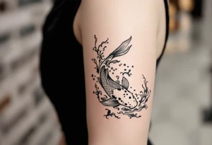 traditional koi fish swimming upstream through turbulent waves tattoo idea