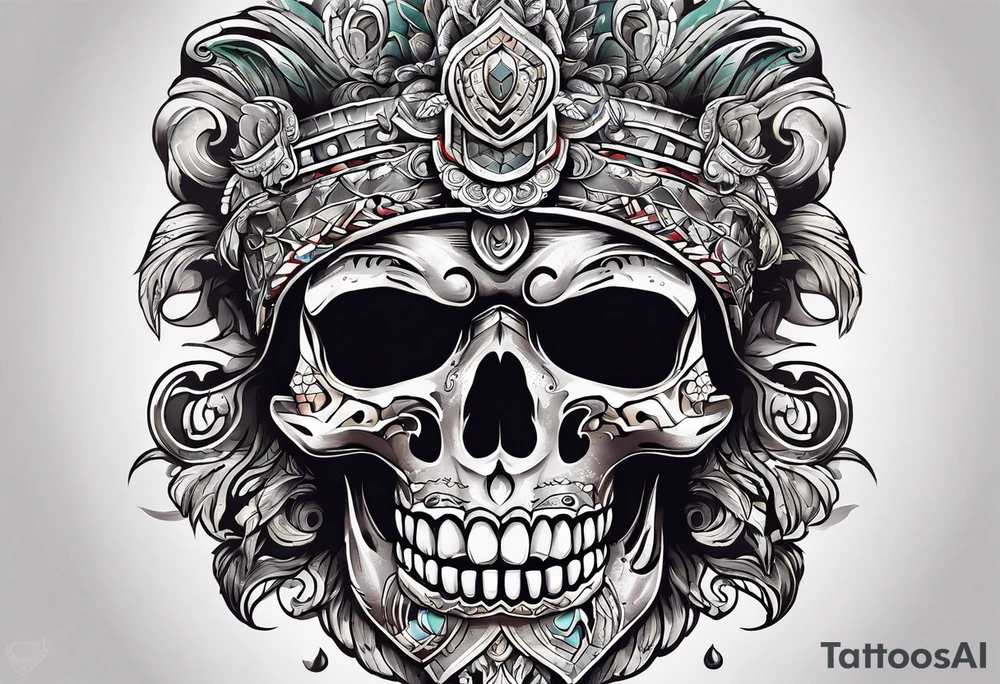 Mayan skull with mouth as cave with water coming out tattoo idea