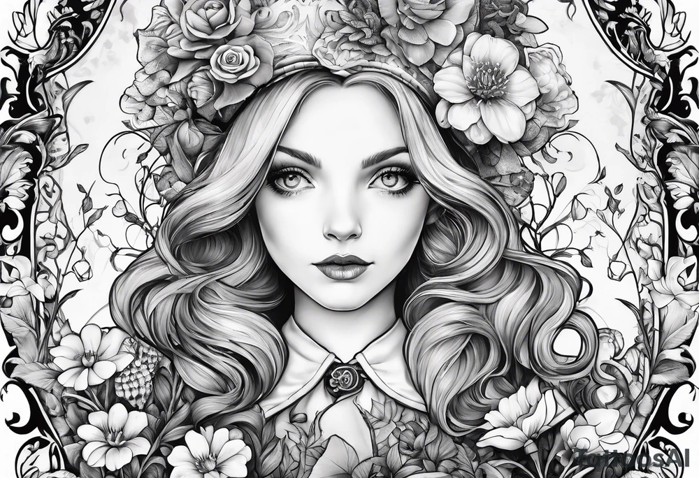 Alice in wonderland through the looking glass with flowers everywhere tattoo idea