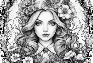 Alice in wonderland through the looking glass with flowers everywhere tattoo idea