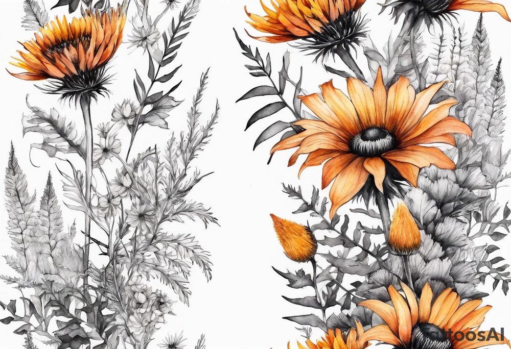 cascading mixed wildflowers with thistles, ferns, burnt orange white and yello flowers all in watercolor tattoo idea