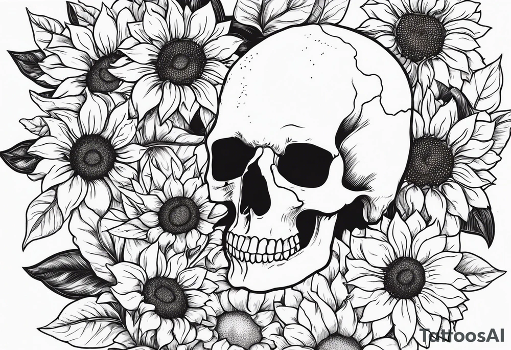 skull surrounded by sunflowers tattoo idea