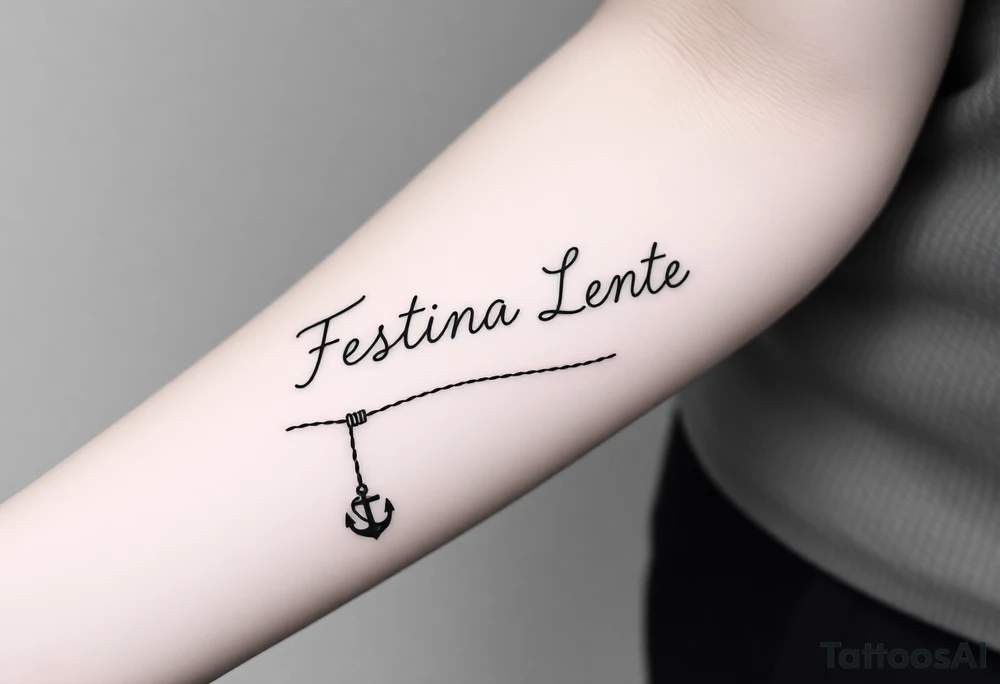 A small, minimal conceptual tattoo for the inner arm.
The phrase “Festina Lente” is not written traditionally; instead, the entire text is formed subtly from a single thin rope.
At the lower end of the rope, a small anchor is attached and appears embedded into the skin, symbolizing patience and stability.
At the opposite end, the rope is being pulled by a very small, minimal, symbolic devil silhouette representing haste.
The rope naturally twists and curves to form the letters of “Festina Lente”, so that at first glance it looks like an abstract rope composition, but upon closer inspection the text becomes readable.
Highly refined, modern calligraphic flow created by the rope itself, elegant and understated.
Black ink only, ultra-fine line work, minimal shading, strong use of negative space, contemporary 2026 tattoo style.
No traditional tattoo elements, no bold outlines, no old-school style, no decorative ornaments.
Clean, intelligent, subtle storytelling tattoo suitable for a small inner-arm placement. tattoo idea