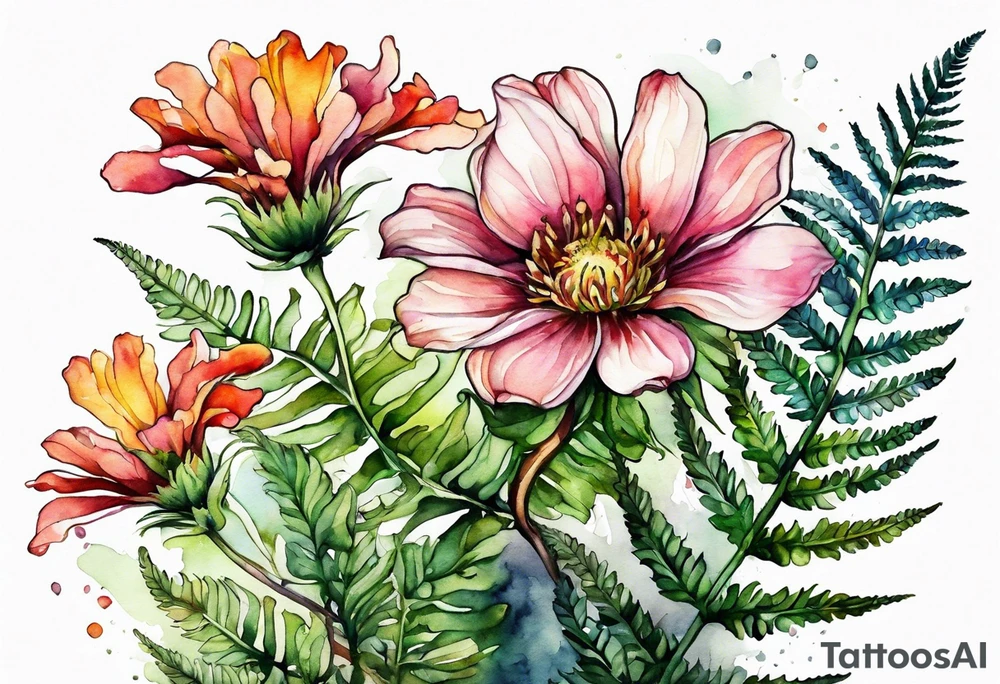 Three wild flowers with ferns all watercolor tattoo idea