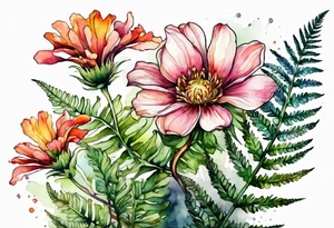 Three wild flowers with ferns all watercolor tattoo idea