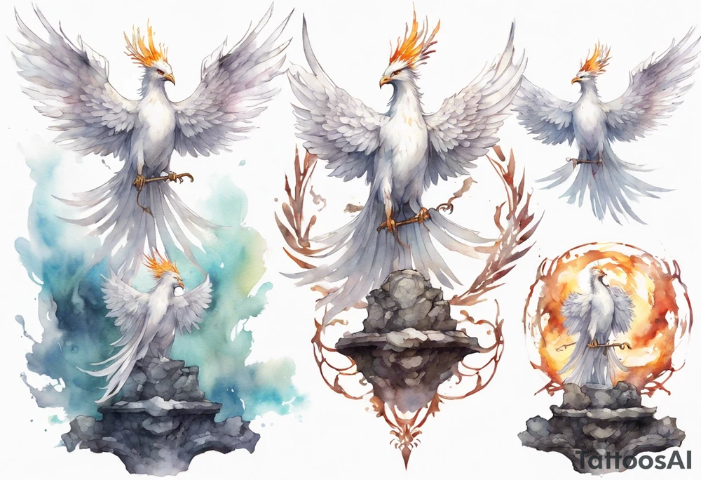 a white phoenix wearing a plain iron circlet, standing on a stone throne tattoo idea
