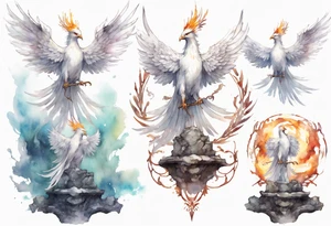 a white phoenix wearing a plain iron circlet, standing on a stone throne tattoo idea