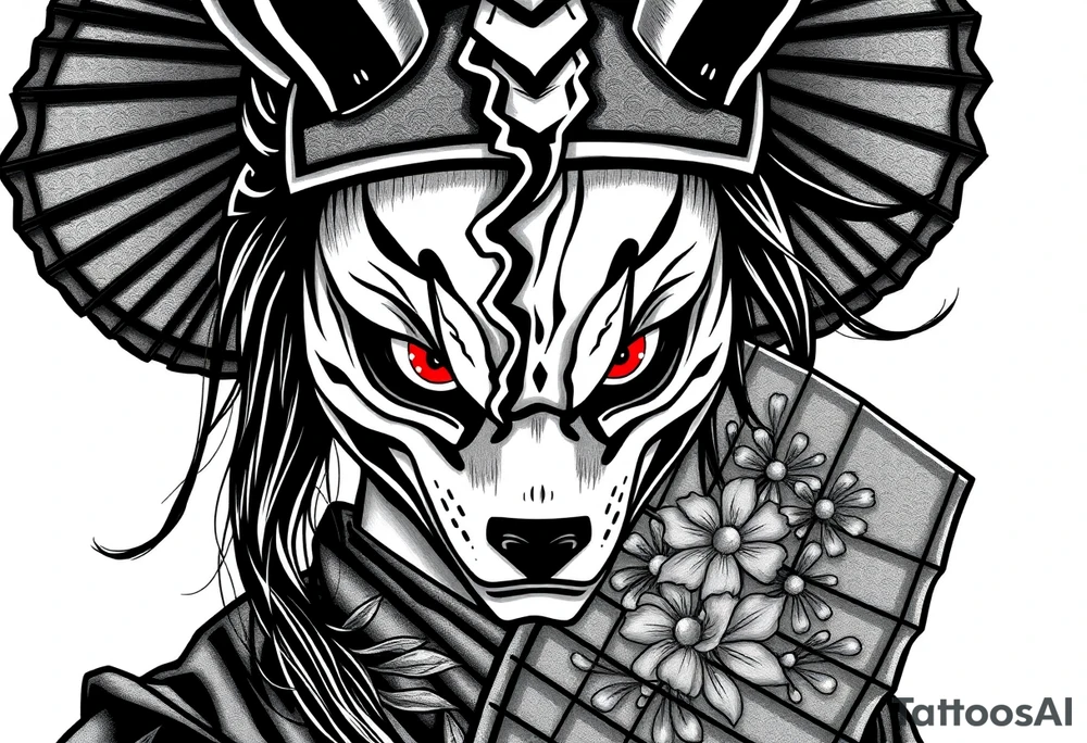 Woman samurai with red eyes, wearing an half and broken fox mask, wearing a japanese fan with irises. tattoo idea