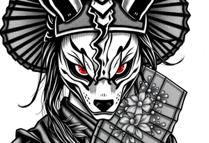 Woman samurai with red eyes, wearing an half and broken fox mask, wearing a japanese fan with irises. tattoo idea
