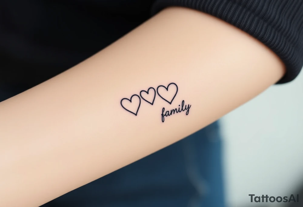 A minimalist infinity symbol with three hearts above including word "family" tattoo idea