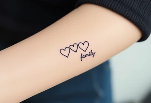 A minimalist infinity symbol with three hearts above including word "family" tattoo idea