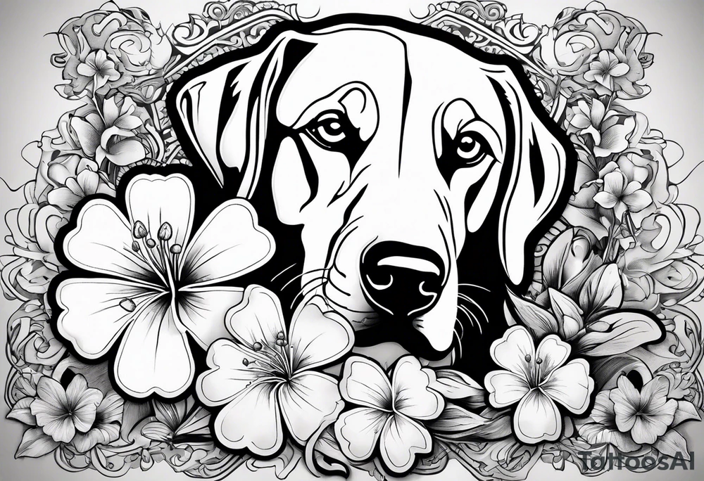 Lily flowers with Clover leaf card a cross and blue eyes of a Labrador retrevier tattoo idea