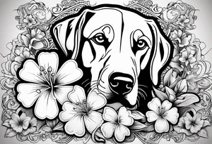 Lily flowers with Clover leaf card a cross and blue eyes of a Labrador retrevier tattoo idea