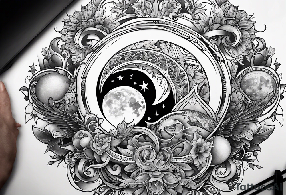 A tattoo design inspired by folklore tales, incorporating mystical creatures and celestial objects such as moons and stars, reflecting the client's love for folklore and celestial objects. tattoo idea